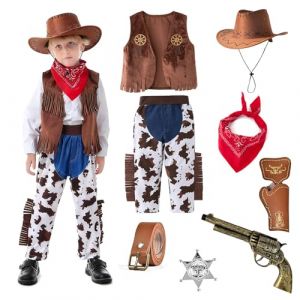 Costume de Cowboy Western Enfant 3–11 Ans avec Chapeau de Cowboy Enfant, Gilet, Pantalon, Ceinture, Foulard Rouge & Accessoires, Tenue de Carnaval, Déguisement Cosplay pour Garçons (Garçons, 140) (Baiyirich, neuf)