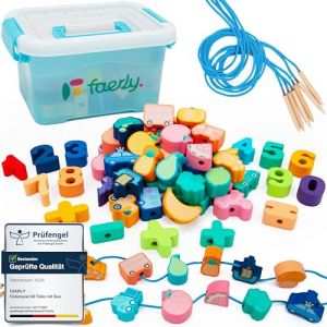 Faerly® Jeu d'enfilage 60 pièces + coffret - Jouets Montessori de 2 3 4 5 6 ans pour enfants jouet éducatif d'apprentissage perles en bois chenille enfilage motricité jouet en bois arc-en-ciel (FAERLY, neuf)