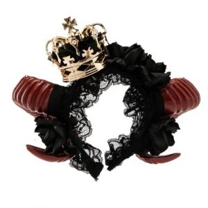 KASFDBMO Serre-tête long en corne de chèvre avec fleur pour cosplay, fête, Halloween, bal masqué, bandeau en dentelle pour adulte (XInshw, neuf)