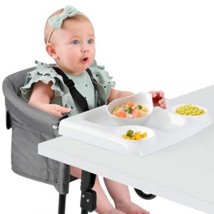 Ezebaby Chaise Haute Portable avec Dossier Pliable, Elévateur de Siège de Table pour Bébé, Ajustement Rapide, Hharnais de Sécurité à 5 Points et sac de Transport (Gris, avec Plateau) (Ezebaby EUDTC, neuf)