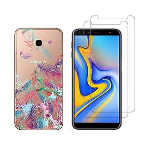 NOVAGO Compatible avec Samsung Galaxy J4 Plus/J4 +/J4 Core -Coque Souple Solide Anti Choc avec Impression + 2 Films Protection &eacute;cran Verre tremp&eacute; r&eacute;sistant (Plumes 2) (NOVAGO-Vendeur PRO fran&ccedil;ais, neuf)