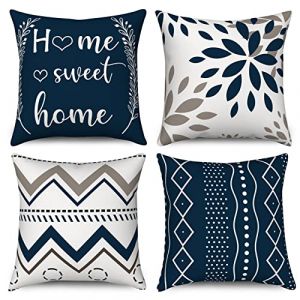 Hnmdmyi Housse de Coussin Bleu Marine 40x40 Set de 4, Sweet Home Fleurs Boho G&eacute;om&eacute;triques D&eacute;coratives, Ferme Moderne Lin pour Canap&eacute; Lit Ext&eacute;rieur, Home Decor (Hnmdmyi, neuf)