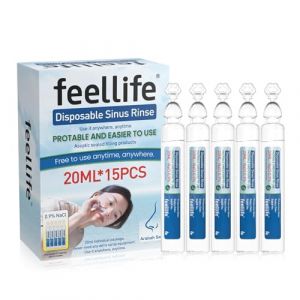 FEELLIFE Douche nasale jetable - Eau sal&eacute;e de mer - Nettoyage du nez - Rin&ccedil;age nasal - Spray nasal - Portable - 20 ml x 15 pi&egrave;ces - Pour adultes et enfants - Emballage individuel (FeellifeDirect, neuf)