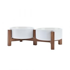 SPUNKYJUNKY Gamelle pour Chien en céramique Double gamelle surélevée avec Support en Bois d'acacia pour Chats et Chiens (400 ML, Blanc) (Elf Corner, neuf)