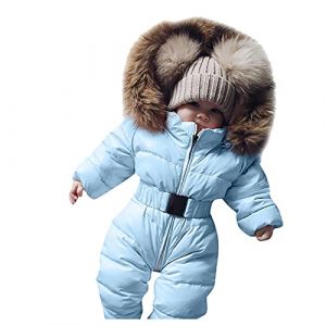 Combinaison de Neige pour Enfants Hiver B&eacute;b&eacute; Fille Gar&ccedil;on Rembourr&eacute; &agrave; Capuche Fourrure Manteau Couleur Unie avec Ceinture Combinaison De Ski Surv&ecirc;tement Veste Chaud Elegant (PINTUTU SEXY, neuf)