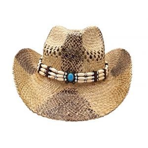 Chapeau de cowboy/cowgirl en paille cowboy panama avec bande occidentale/ouest unisexe taille unique homme femme &eacute;t&eacute; coachella plage style coachella br&eacute;silien boh&ecirc;me indiana raphia naturel, XH-122, (Carnavalife, neuf)