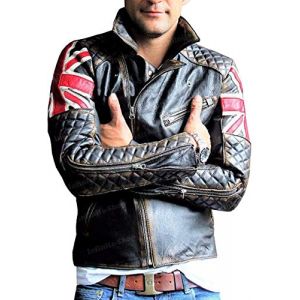 HiFacon Blouson de moto vintage en cuir avec drapeau du Royaume-Uni Union Jack pour homme Noir, Black - Veste de moto en cuir véritable avec drapeau du Royaume-Uni, XL (HiFacon, neuf)