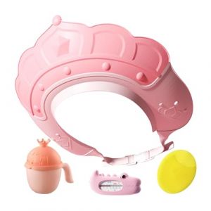 Leryveo Chapeau de shampoing pour, bonnet de douche pour,Visière de bain avec jauge de température de l'eau et tasse à shampoing | Bonnet de shampoing avec brosse à shampoing, protège les oreilles (darkenear, neuf)