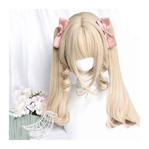 Aspect naturel, Perruque de Cheveux Synthétiques Blonde Longue Perruque Bouclée avec Frange et Double Queue de Cheval, Perruque Blonde Résistante à la Chaleur Naturelle for Costume de Cosplay de Fête (liliu, neuf)