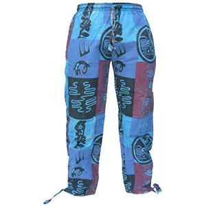Gheri pour des Hommes Chanvre Coton Tribal Patchwork Travail de Pi&egrave;ce Gecko Impression Azt&egrave;que Symboles en Vrac Pantalon Droit Pants X-Large (Gheri Ltd, neuf)