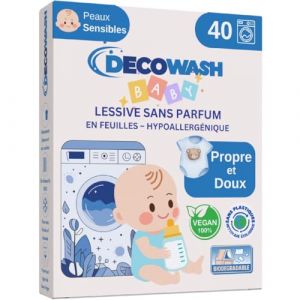 Lessive en Feuilles pour Bébé (80 Lavages) – Lessive Sans Parfum, Lessive Hypoallergénique, Lessive Écologique, 100% Biodégradable et Végan. Nettoyage Doux pour Peaux Sensibles. Sans Plastique. (DECOWASH, neuf)