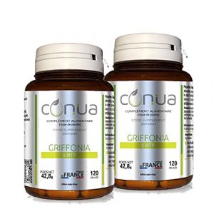 LOT de 2 FLACONS Griffonia simplicifolia L-5-HTP Extrait sec 120 GELULES 322 mg/jour de 5htp extra fort plus de 100mg Titré à 30% poudre hydroxytryptophane 100% naturel 2 PILULIER 4 MOIS 120 JOURS (Conua, neuf)