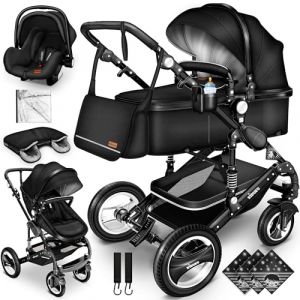 KIDUKU® Poussette Combinée 3 en 1 | Trio pour Enfants | Siége Auto Légère, Piable | Nacelle Souple Convertible | Set de Voyage (Noir) (DWD-Company, neuf)