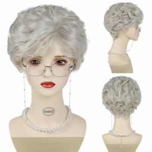 Perruque grise pour vieille dame, lunettes de grand-mère, collier de perles, 3 pièces/ensemble, perruque de cosplay pour grand-mère pour enfant, pour l'école de Noël, Thanksgiving Day-764-3set (xiandengwangluokeji, neuf)