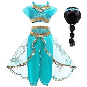 Cnexmin Deguisement Princesse Jasmine Fille Robe de Aladdin Princesse Jasmine pour Enfant Filles Costume Anniversaire Noël Halloween Partie Carnaval Cosplay Robe de Soirée pour Perruques 7-8Ans/150 (TOP BENEFIT LIMITED, neuf)