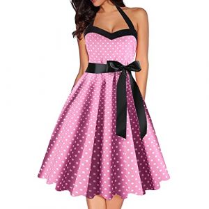 Robe Vintage AnnéEs 50 Pin Up Femme à Pois Vintage Rétro Imprimée à Pois Mi Longue Elégante Style 1950's Audrey Hepburn Robe de Soirée Cocktail sans Manches Rockabilly Année 50 Swing Plissée (Anglekie, neuf)