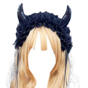 alloneslife Bandeau d'oreille en forme de corne de diable pour femme - Bandeau plissé en dentelle - Pour Halloween, photographie - Noir (JINGYIKEJIGS, neuf)