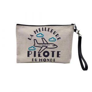 Pochette en Lin - La Meilleure Pilote du Monde Avion Aviation Transport Aeronautique - Trousse Maquillage en Toile Aspect Lin - Trousse de Toilette - 23,5 x15 cm (FabulousBOUTIK, neuf)