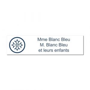 Plaque grav&eacute;e pour nom et num&eacute;ro bo&icirc;te aux lettres Croix Occitane autocollante 10x2,5cm personnalis&eacute;e 1 &agrave; 3 lignes Blanc &eacute;criture Bleue (my-goodprice, neuf)