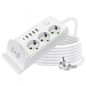 WIYETY Multiprise de table avec c&acirc;ble de 2 m : multiprise de bureau avec 3 prises, 4 USB et 1 type C, 2500 W, charge sans fil, pour la maison et le bureau, blanc (CAUSEWAY CONSTRUCTINO, neuf)