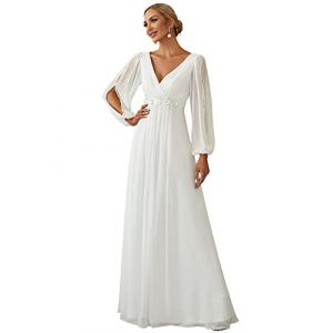 Ever-Pretty Robe de Soir&eacute;e Grande Taille Femme Longue Manche Longue Col V en Mousseline Applique Pliss&eacute; Blanche 50 (Ever Pretty Uk, neuf)