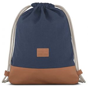 Johnny Urban Sac &agrave; Dos Cordon Coton Bleu/Marron - Luke - Sac de Gym avec Poche pour Homme et Femme - Sac &agrave; Cordonnet Premium &agrave; partir de Toile de Coton et Cuir V&eacute;g&eacute;talien (Ecom-Brands, neuf)
