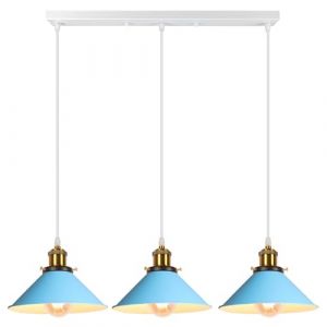 iDEGU 3 Lampes Suspension Luminaire Vintage 22CM Plafonnier Abat-jour Moderne en Métal Rétro Lustre Industriel E27 Lampe de Plafond pour Salle à Manger Salon Cuisine Restaurant (Barre, Bleu) (IDEGU, neuf)