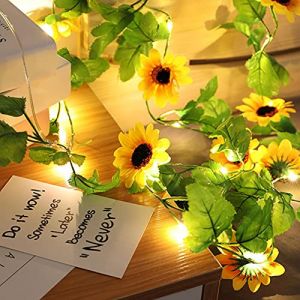 Raopuzi 2M 20 LED Tournesol Fleur Feuille Verte Rotin Guirlande Lumineuses, Fil de cuivre feuille F&eacute;e LED Guirlande Lumineuse pour D&eacute;coration de Mariage F&ecirc;te Chambre (Raopuzi, neuf)