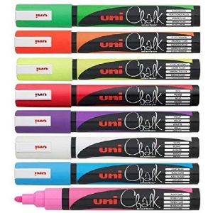 Uni Couleur Marqueurs craie liquide Pointe (1,8–2,5 mm) plume à pointe ogive pour tableau blanc Couleurs assorties Tableau Noir Menu Windows en verre Lingette humide non permanent (1 de chaque couleur – Blanc Rouge Bleu clair Violet fluorescent Jaune Fluo