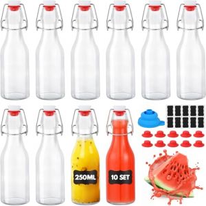 YAMAIDUO Lot de 10 Bouteille Verre 250ml, Bouteille en Verre avec Bouchon Mécanique avec 10 sceaux, 10 étiquettes, entonnoir pour le Brassage de Bière, Liqueurs, Huile, Jus, Condiments (STORE TENCA FILIPPO S.R.L., neuf)