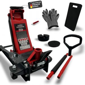 LUKONA® Cric hydraulique 3T (83 à 500 mm) - Pédale supplémentaire, poignée en D, avec tige de pneu, genouillères et gants - Cric roulant pour voiture (rouge) (Lukona, neuf)