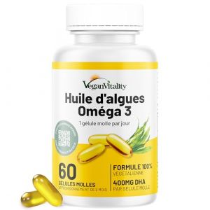 Omega 3 Vegan Huile d'algues 400 mg DHA par capsule, 60 capsules, soit 2 mois d'huile vegetale. Remplace huile de foie de morue, convient à tous les régimes vegan/végétariens. (Global-Merchandise-Direct2, neuf)