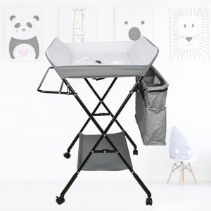 XUANYU Table a Langer Pliante, Plan a Langer sans Baignoire, Table &agrave; Langer Pliable avec Espace de Rangement, R&eacute;glable en Hauteur 93/96/99 cm, Jusqu'&agrave; 50 kg, Gris-noir C, 80&times;63&times;(93-99) cm (XUASHW, neuf)