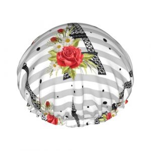 Bonnet de douche r&eacute;utilisable pour femme, tour Eiffel rose, bonnet de cheveux double couche pour douche avec doublure en PEVA et corde &eacute;lastique (BinTu-EU, neuf)