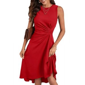 HUXRAKV Robe Femme Chic et Elegant Midi Robe de Cocktail sans Manches &agrave; Plis de Taille Robe de Soir&eacute;e F&ecirc;te,27-Rouge,S (Saide-EU, neuf)