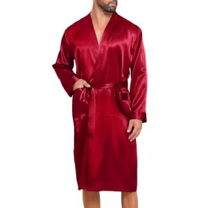 Lovasy Peignoir Homme Satin Robe de Chambre en Soie L&eacute;ger &agrave; Manches Longues Peignoir de Bain kimono Doux et Confortable V&ecirc;tement de Nuit avec Ceinture et Poche,A-Rouge fonc&eacute;,S (Lovasy Direct, neuf)