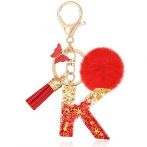 MWOOT Initiale Letter Keychains Porte Cl&eacute; Lettre K,Alphabet Initial Keyring avec Papillon Pompon Pendentif,Rouge Feuille D'or Key Ring pour Femmes Portefeuilles Sac &agrave; Main Bagages Charme(K) (vetpw, neuf)