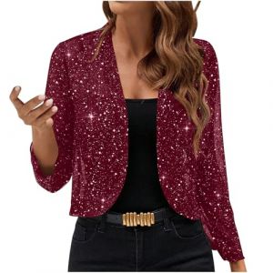 NZYIHAO Cardigan &agrave; paillettes pour femme - Court - Ouvert - Manches longues - Bol&eacute;ro fin et &eacute;l&eacute;gant - Sans boutons - Veste bol&eacute;ro en maille fine - Veste de transition, Bordeaux, XXL (JCRZZ, neuf)