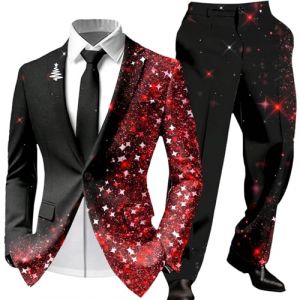 Foweknow Costume de No&euml;l pour homme 2 pi&egrave;ces moche costume de No&euml;l imprim&eacute; 3D veste de costume et pantalon de costume ensemble complet tenue de f&ecirc;te de No&euml;l costume de f&ecirc;te slim fit pour homme, rouge (ROTPMS, neuf)