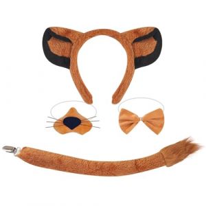 JOERBABU Serre-tête, ensemble de cosplay lions, oreilles de chien, faux nez, jupe en maille marron, queue en peluche, nœud papillon, bandeau d'oreille de lion pour Halloween (jiushuang, neuf)