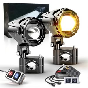 BraveWAY 70W 35000LM Feux Antibrouillard Moto, Feux Additionnels Moto 7 Modes Stroboscopiques de Conduite Avec Auxiliaire Blanc Ambre Kit de Faisceau de Câbles Plug and Play et 2 Supports de Montage (BraveWay, neuf)