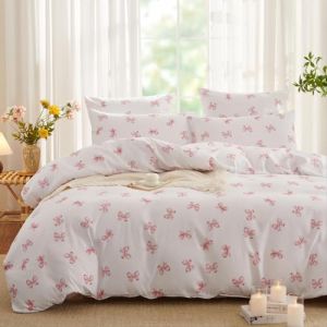 Freyamy Housse de Couette 220x240+2 Taie d'oreiller 65x65cm Blanc Rose Noeud Papillon Parure de lit 2 Personnes Fleurs Adulte Sets de Housse Couette en Microfibre avec Fermeture &Eacute;clair (Mitchell'SZ, neuf)