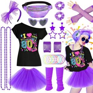 27 pièces accessoires de costume des années 80 - Robe de soirée disco des années 90 - Néon - T-shirt tutu - Bracelet fantaisiste - Ensemble de lunettes - Bracelet - Colliers - Jambes chaudes - Tenue (rongjia-ww, neuf)