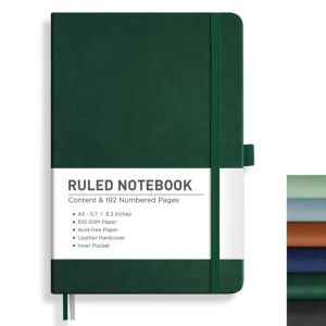 RETTACY Carnet lign&eacute; A5 avec 192 pages num&eacute;rot&eacute;es, carnet de notes 100 g/m&sup2;, couverture rigide, pour bureau, &eacute;cole, travail, femmes, hommes, 14,8 x 21 cm, vert fonc&eacute; (Lakatec, neuf)