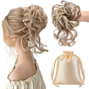 Chignon blond postiche chignon cheveux naturel Messy Bun avec &eacute;lastique Cheveux synth&eacute;tiques avec Tousled Updo Postiche pour femmes et filles (m&eacute;lange marron moyen, blond fraise)+Pochette de Rangement (FH-Mart, neuf)