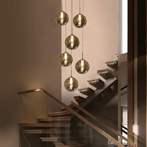 YSDS-JZ Luminaire Suspension Boule Verre Boule Suspendu Lampes Escalier Suspendues Lustre Réglable En Hauteur Lampe D'escalier Longue En Verre Simple Moderne Minimaliste Lumière,Gris,6 heads (Guangzhouxiyueshangmaoyouxiangongsi, neuf)