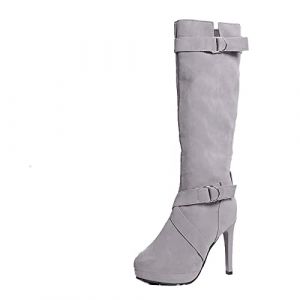 ESSUE Bottes Hautes au Genou Femme Sexy Chaussures Talons Hiver Chaud Boots Longue &Eacute;l&eacute;gant Mode Couleur Pure Talons Hauts Escarpins Boots Femme Cuir Sexy Bottes De Combat De Moto (⭐⭐⭐⭐⭐AEGJEGVD⭐⭐⭐⭐⭐, neuf)