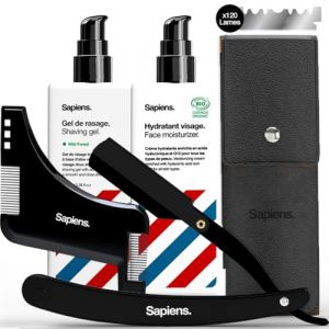 Sapiens Barbershop Kit Rasage Barbier - Rasoir Coupe Choux Barbe Homme Noir, 120 Lames de Rasoir, Gel de Rasage Transparent, Hydratant Visage Apr&egrave;s Rasage, Pochoir Guide Contour (Sapiens &reg;, neuf)