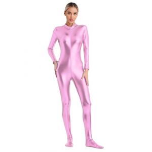 Freebily Combinaison Zentai M&eacute;tallique Carnaval Femme Justaucorps Gym Danse Dansante Discoth&egrave;que Zipp&eacute; Collant Unitard Complet Performance Clubwear S-3XL Rose XL (MissPretty, neuf)