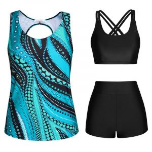 JASAMBAC Tankini 3 pièces pour femme ventre plat, haut de bikini push-up et short de bain taille haute, maillot de bain simple, maillot de bain de sport pour femme, maillot de bain pour piscine, plage (Fancy Shop EU, neuf)